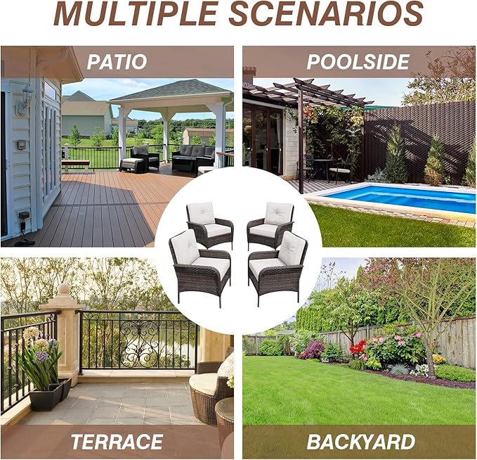 COOS BAY Vintage Courtyard Patio Chairs, Wicker Armchairs, Rattan Patio Dining Set of 4, Outdoor Seating for Deck or Balcony, Gray/Beige