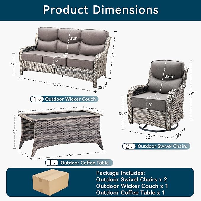 Luxury High Back Outdoor Furniture with 6-Inch Thick Cushions, Patio Furniture Set with Swivel Chairs, 4 PCS Wicker Conversation Set for Porch, Balcony, Deck and Yard