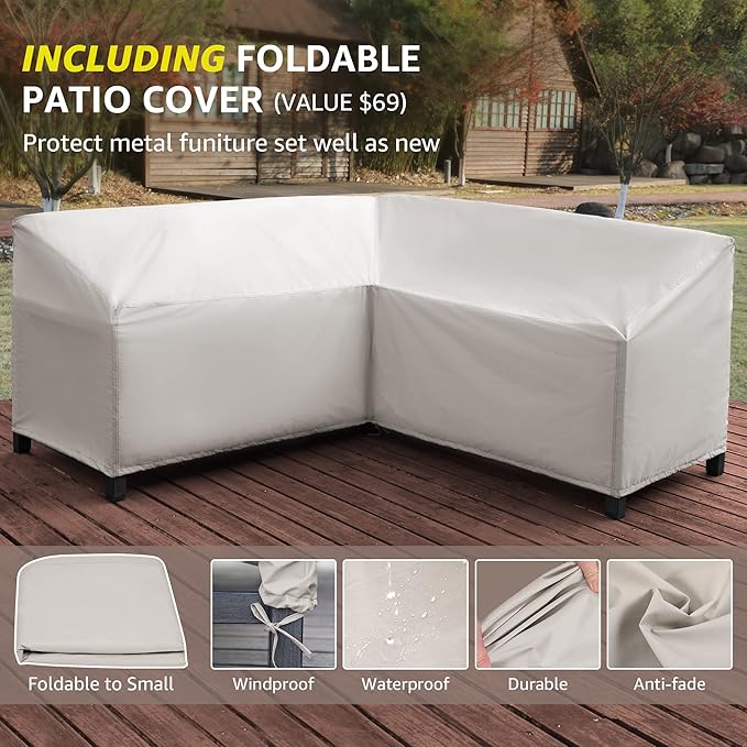 NATURAL EXPRESSIONS 6 Pieces Patio Furniture Sets, Metal Outdoor Sectional Furniture L Shape Patio Conversation Sets,Highback Frame,Metal Table,Large Waterproof Cover, 6.5" Olefin Cushions