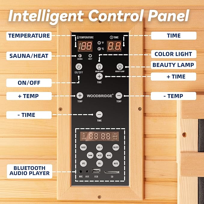 Woodbridge Infrared Sauna Room 2 Person Hemlock Wood Indoor Corner Sauna with 7 Carbon Heaters, Red Light Therapy,Bluetooth Speaker,Intelligent Dual Control System,Tempered Glass,Exterior Brim Light