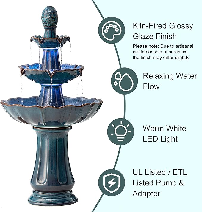 Glitzhome Outdoor Fountain and Waterfalls 3 Tier Patio Fountains, 45" H Turquoise Ceramic Water Fountain with LED Light, Pump & Adapter Garden Outdoor Floor Stand Fountains for Backyard Deck Lawn