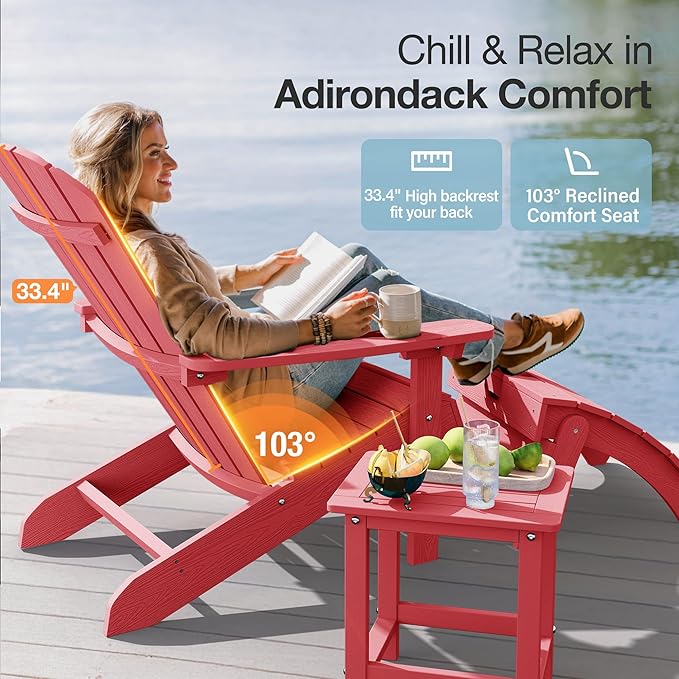 YEFU Adirondack Chairs Set of 6: Plastic Adirondack Chairs - Patio Chairs with Wood Texture - Outdoor Chair HIPS - Lawn Fire Pit Deck Porch Garden Chairs for Adults (Red)