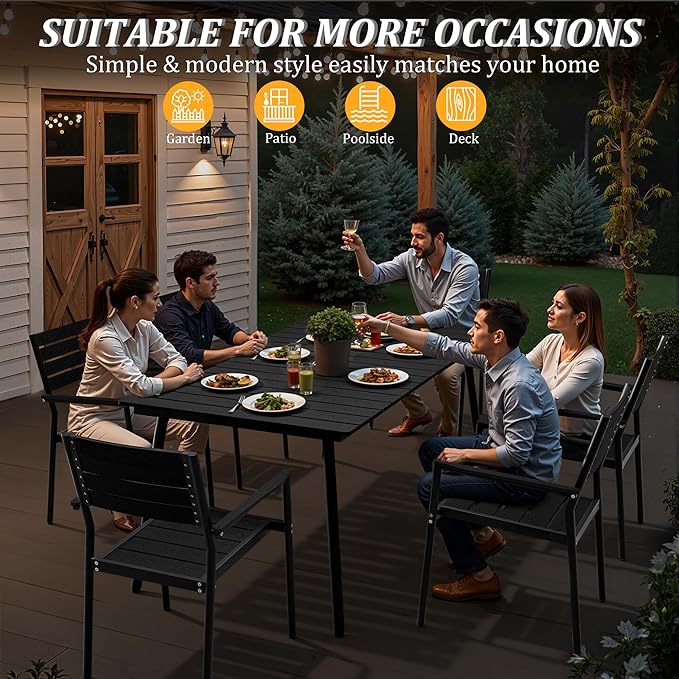 Outdoor Dining Table for 6, 70inch Patio Dining Table with Wooden-Like Top and Aluminum Frame, Rectangular Table with Umbrella Hole Outdoor Furniture, Only Table, Black