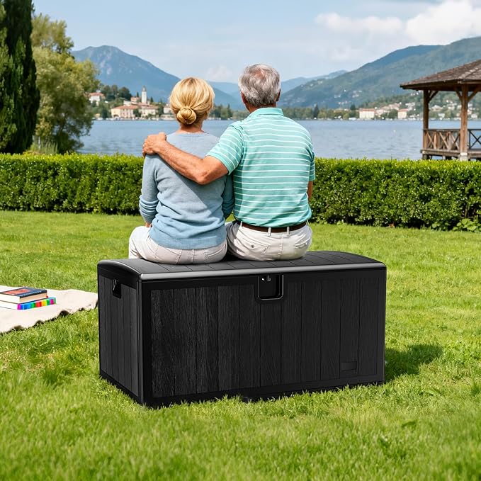 JEKO&JEKO 110 Gallon Outdoor Storage Box – Large Plastic Deck Box with Lockable Lid for Patio Furniture, Garden Supplies, and Shoes, Black