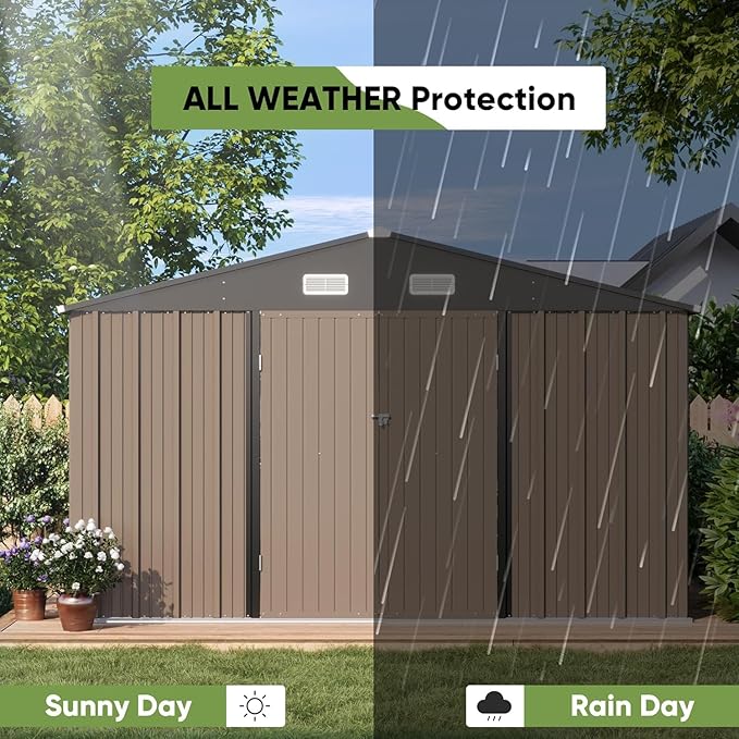 Greesum 10x10FT Outdoor Storage Shed, Utility Tool Shed Metal Storage Garden Shed with Door & Lock for Patio Storage, Brown