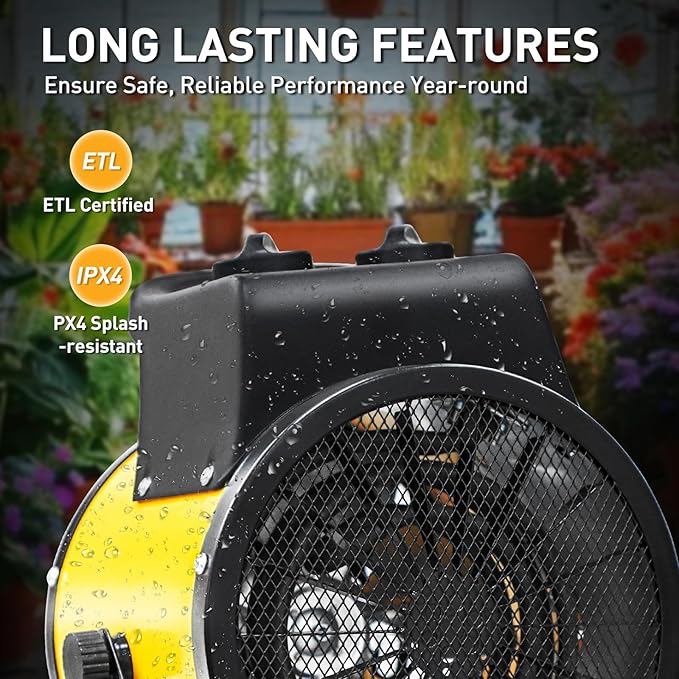 Portable Greenhouse Heater, Overheat Protection, 1500W Radiant Electric Heater for Indoor and Outdoor Use, Garage, Grow Tent, RV, IPX4 Water Resistant, 1 Piece, Yellow