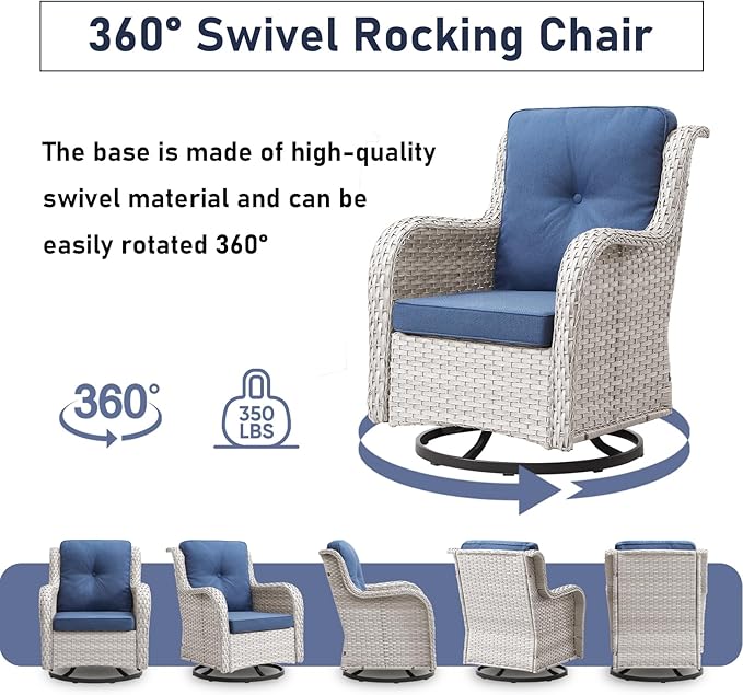 Patio Chairs Set, 5 PCS Furniture with Loveseat, Swivel Rocker Patio Chairs and 2 Wicker Ottoman, Light Grey / Blue, Casual/Tropical Style