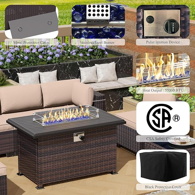 13 Pieces Outdoor Patio Furniture Set with Propane Fire Pit Table Outdoor Furniture Patio Sectional Sofa Conversation Sets w/ETL Approved 43" Gas Outdoor Fire Table & Coffee Table Brown