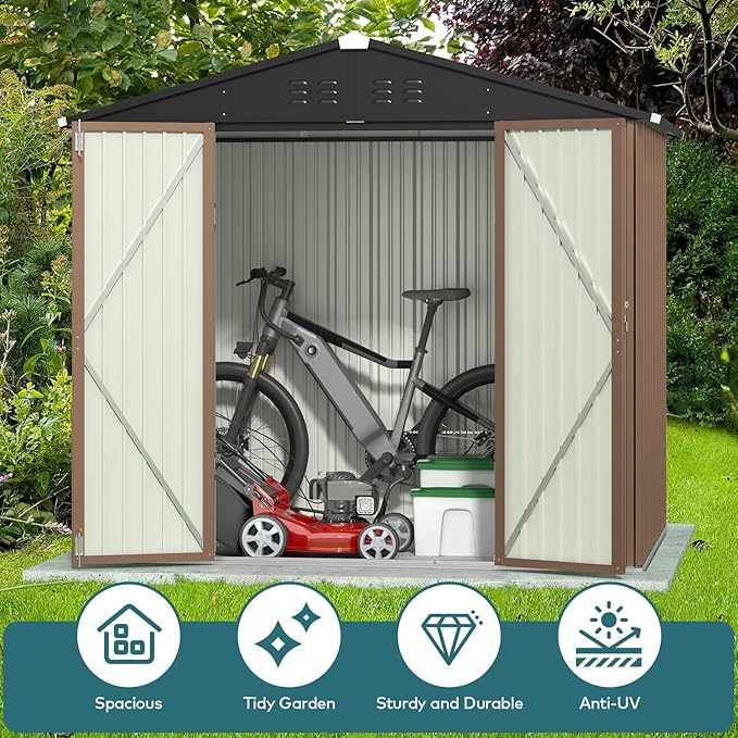 Gizoon Outdoor Storage Shed 8 x 6 FT, Galvanized Metal Garden Shed with Double Lockable Doors, Outdoor Storage Clearance for Backyard Patio Lawn-Light Brown