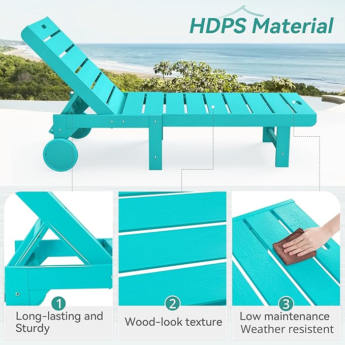 Outdoor Chaise Lounge Chairs, 26.8” Super Wide Lounge Chair Outdoor, HDPS Pool Chairs with 5 Positions, Patio Lounge Chair with Wheels for Pool,Lawn,Backyard, Aruba Blue
