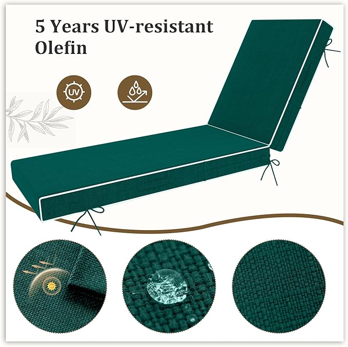 Chaise Lounge Cushions Outdoor Furniture 72 x 21 Inch Olefin Patio Lounge Chair Cushions 4'' Thick Waterproof Outdoor Chaise Cushion Weather Resistant Pool Lounger Cushion (Dark Green)
