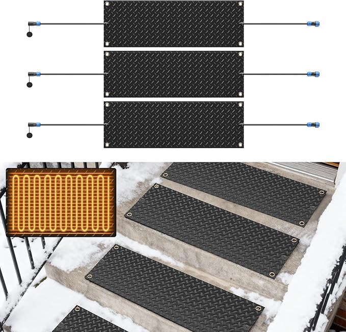 Snow Melting Mats Outdoor for Stairs,10 x 30 in 3 Pack No-Slip Heated Outdoor Mats with 10 ft Power Cord, 3 in/h Speed Snow and Ice Melting Pads for Winter Outdoor Stairs, Steps Snow Removal
