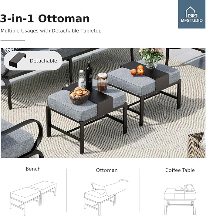 MFSTUDIO 8 Pieces Patio Furniture Sets with 45" Gas Fire Pit Table(Up to 9 Seat), Outdoor Metal Conversation Sofas with 1 x 3-Seat Sofa, 2 Single Chairs, 2 Rocking Chairs and 2 Ottoman, Grey Cushion