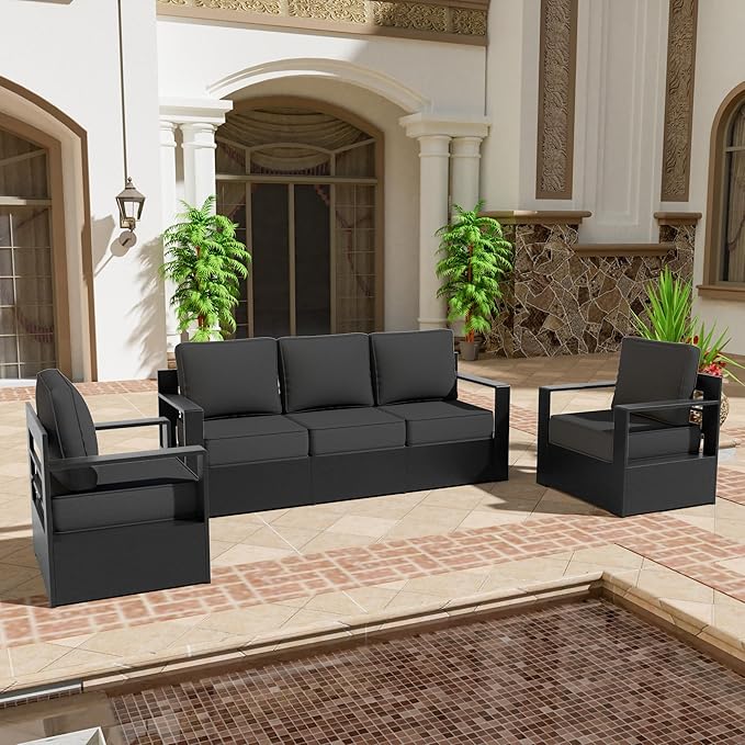3 PCS Aluminum Patio Conversation Set - Outdoor 3-Seater Sofa, 2 Fixed Chair with 6" Thick Water-insistant Cushions, All-Weather Use Frame, Removable Cover, Ideal for Garden, Poolside (Grey)
