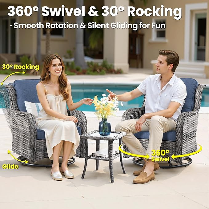 ovios 7 Pieces Patio Furniture Set, Outdoor Wicker Sofa Couch with Swivel Chairs Solar Lights Table, High Back All Weather Modern Conversation Sets, Grey Rattan, Denim Blue