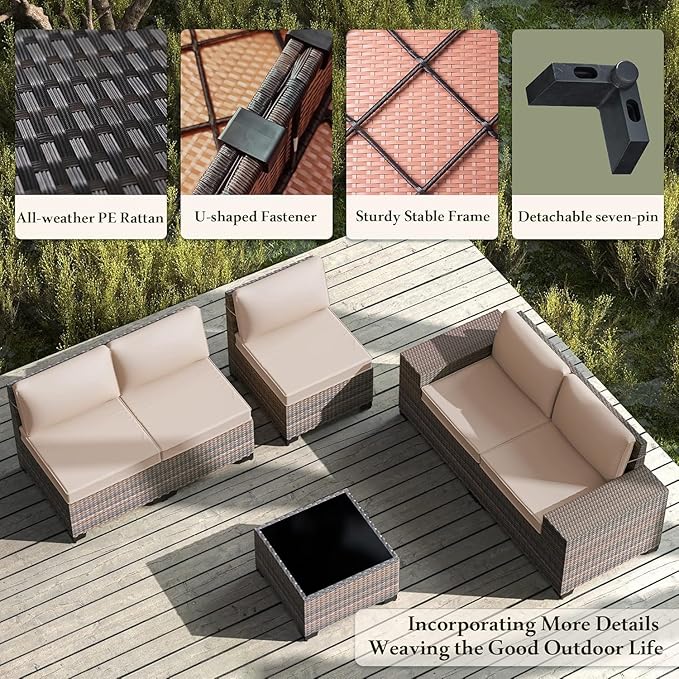 Outdoor Patio Furniture Set, 6 Pieces Outdoor Furniture All Weather Patio Sectional Sofa PE Wicker Modular Conversation Sets with Coffee Table,5 Chairs & Seat Clips Brown