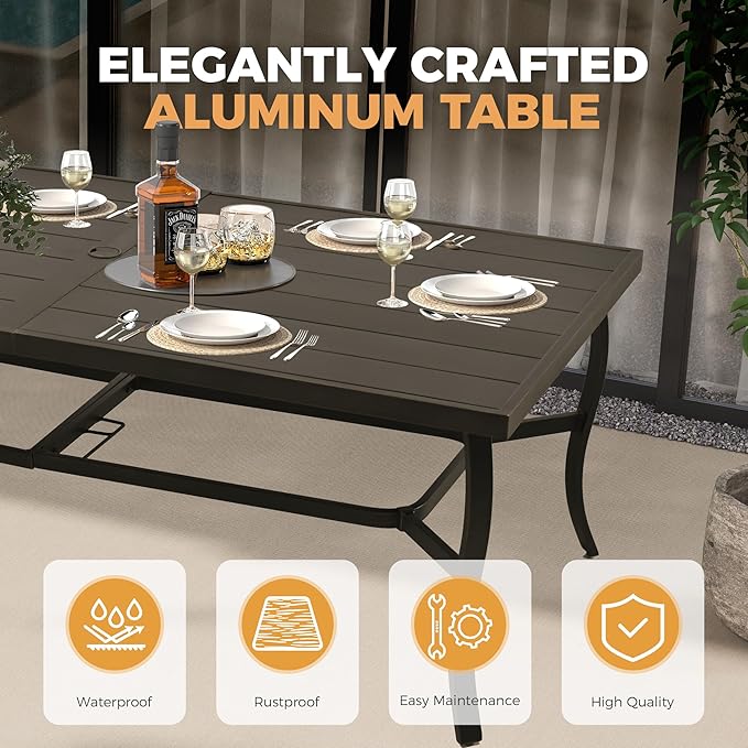 HAPPATIO Aluminum 9 Piece Patio Dining Sets, Outdoor Dining Set for 8, Patio Furniture Sets, 2 Swivel Dining Chairs, 6 Dining Chairs, Aluminum Furniture Set for Patio, Yard (Black)