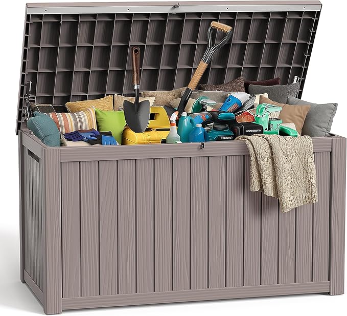 280 Gallon Large Deck Box,Resin Outdoor Storage Box with Lockable for Patio Furniture, Pool Accessories, Garden Tools Waterproof Outside Storage Box, Grey