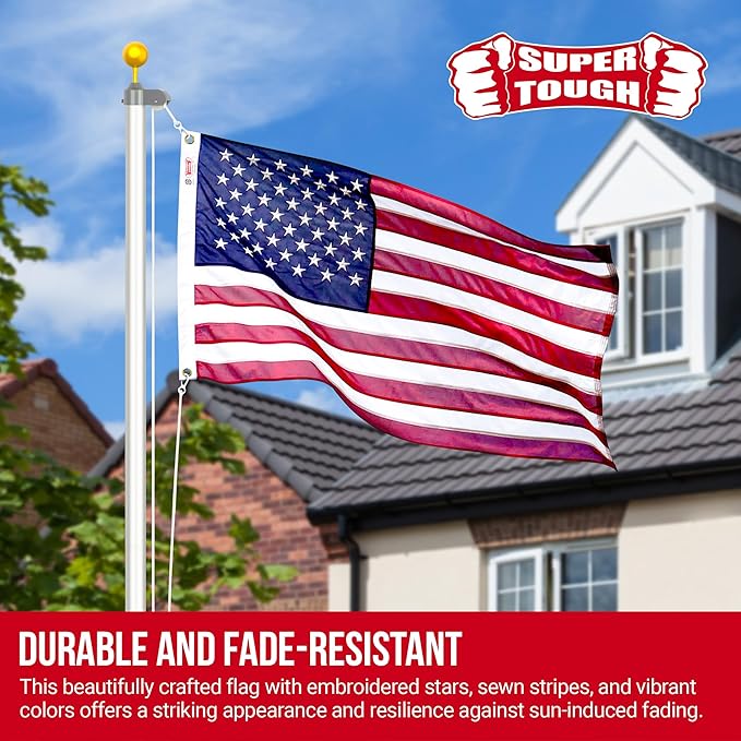 Super Tough 4Ft x 6Ft American Flag - Heavy Duty Nylon USA Flag with Embroidered Stars and Sewn Stripes Suitable for Outdoors - Red/White/Blue