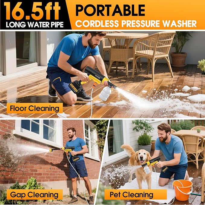 Cordless Pressure Washer Battery Powered, 130Bar/1885PSI Cordless Power Washer with 3.0Ah Battery&Charger&6-in-1 Nozzle, 3 Power Level Handheld Portable Pressure Washer Cordless for Car/Wash/Home/Yard