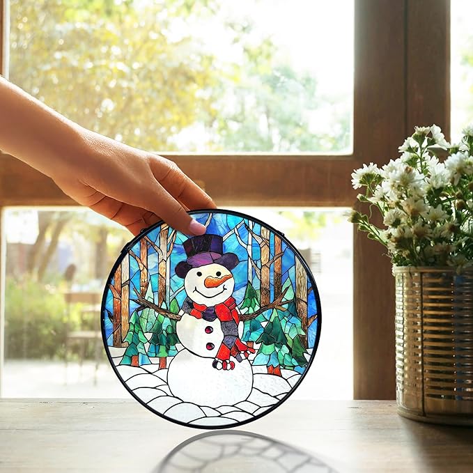 TNUW Snowman Christmas Stained Glass Window Hanging, Rustic Winter Xmas Snowman Sun Catchers Indoor Window Glass Round Wall Art Decor, Christmas Sculptures, Statues, Suncatchers, 7.9＂x7.9＂