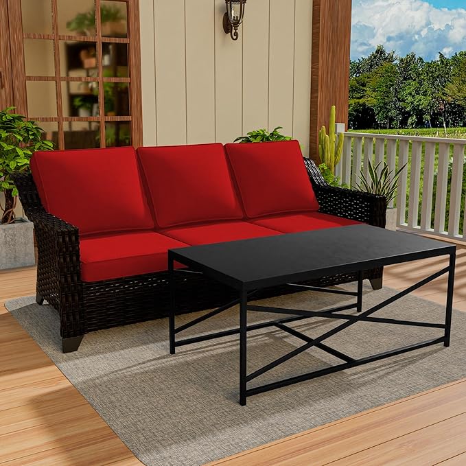 Vista Vibe 2 Pieces Outdoor Patio Conversation Furniture Set - 78" 3-seat Sofa | Metal Coffee Table, Deep Seat Loveseat, Removable Cushions, Hand-Woven PE Rattan Couch, Lawn (Brown/Red)