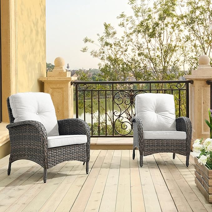 HUMMUH Outdoor Wicker Chairs Patio Dining Chairs Set of 2 with High Back and Deep Seat for Garden,Porch,Backyard,Balcony (Brown/Beige)