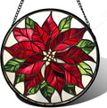 Stained Glass Window Hanging - Red Poinsettia Birth Flower Suncatcher for Door Garden Yard Sun Catchers Decor Christmas Mother's Day Birthday Gifts for Women Mom Nana Friend Men 15 in
