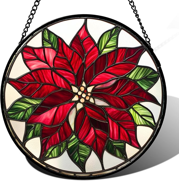 Stained Glass Window Hanging - Red Poinsettia Birth Flower Suncatcher for Door Garden Yard Sun Catchers Decor Christmas Mother's Day Birthday Gifts for Women Mom Nana Friend Men 7.8 in