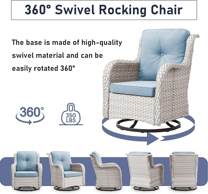 Luxury Wicker Swivel Patio Chairs Set of 3, Outdoor Swivel Rocking Chairs with Side Table, Outdoor Bistro Set for Patio, Porch, Yard, Deck, Poolside, Light Beige/Ligth Blue