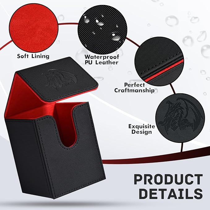 ZLCA Card Deck Box for Trading Cards with 2 Dividers, Card Storage Box Fits 100+ Single Sleeved Cards, PU Leather Card Deck Case Holder for Magic Commander TCG CCG （Black&Red,Emperor Dragon）