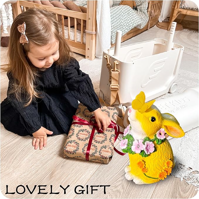 Solar Resin Rabbit Garden Outdoor Statue – Yellow Bunny Figurines with LED Floral Wreath & Butterfly, Decor for Patio Lawn Porch Yard Ornaments for Mom Grandma Wife