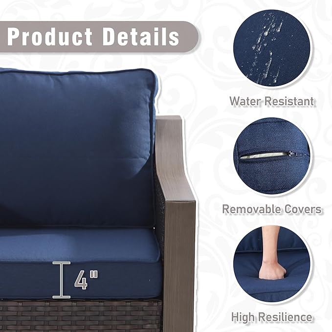 5 Piece Wicker Patio Conversation Set, All-Weather Use Outdoor 2 PE Rattan Swivel Chair, 2 Ottoman, 1 Patio Sofa, Removable Water-Resistant Cushion, Ideal for Porch, Backyard, Balcony, Poolside, Blue