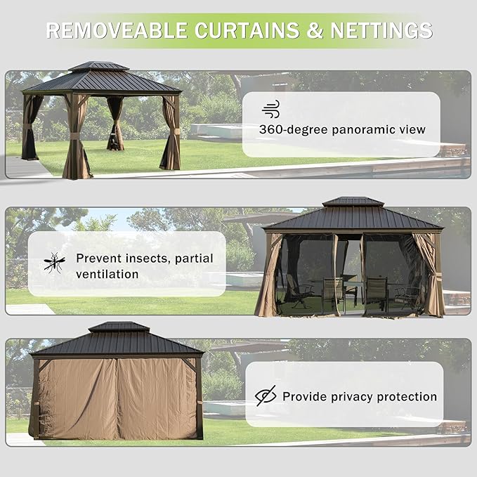 Domi 12x14FT Outdoor Gazebo, Hardtop Gazebo with Galvanized Steel Double Roof, Metal Gazebos with Drainage System Patio Pergola for Patio Deck Backyard,Curtain and Netting,Brown