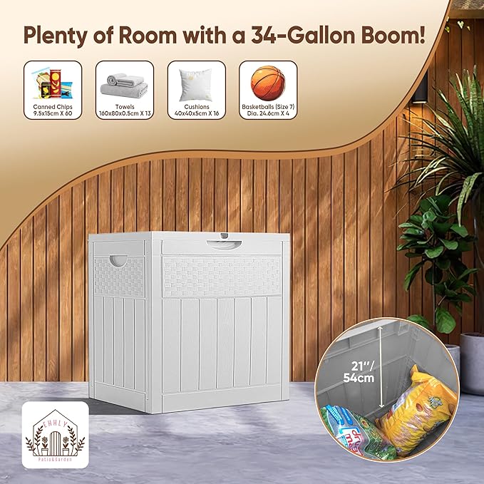 33 Gallon Deck Box, Small Outdoor Storage Box Waterproof, Lockable Secure Package Bin Delivery Box for Outside Front Porch, Patio Cushions Storage Box, Delivery Driver Snack Box for Porch, White