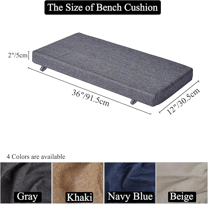 36 x 12 Inch Piano Bench Cushions for Indoor Furniture with Ties Non Slip Kitchen Dining Room Bench seat Cushion for Shoe Storage Ottoman Window Settee Pad, Gray
