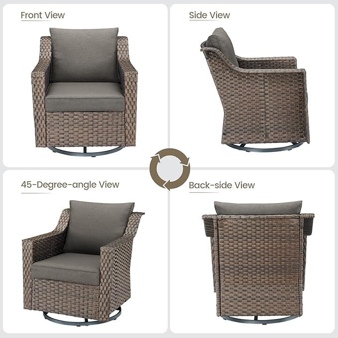 Outdoor Patio Table and Chairs Set - 3 Piece Outside Wicker Conversation Bistro Dining Furniture Sets with Glide Rocking Swivel Chair and Glass Top End Tables for Front Porch Balcony Yard – Brown/Grey