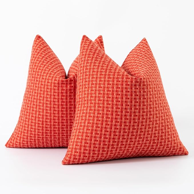 Kevin Textile Outdoor Waterproof Throw Pillow Covers Pack of 2 Weaving Texture Water Resistant Outside Decorative Cushion Covers for Garden Patio Tent Balcony Bench Couch Sofa 18x18 Inch, Red