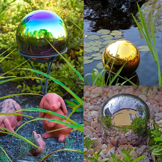 uxcell Rainbow Gazing Ball 6 Inch 150mm Reflective Sphere Polished Hollow Ball, Stainless Steel Gazing Globe Mirror Ball for Home Garden Outdoor Decoration