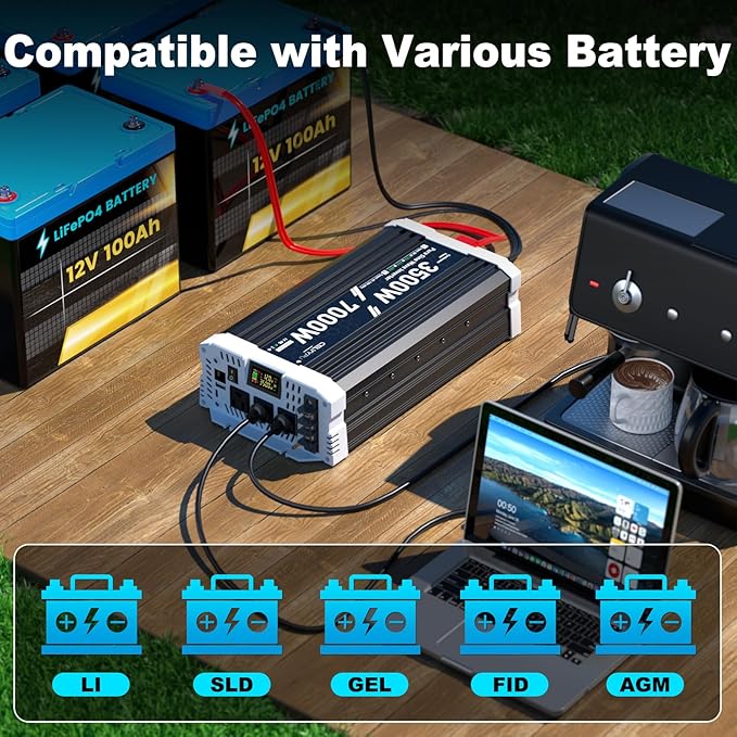 3500 watt Pure sine Wave Inverter, 12V DC to 110V AC Power Inverter, Used for Solar Emergency Power Supply in RV Homes, with 3 AC Output sockets, USB Port, Type-C Port, Remote Control with LCD Screen