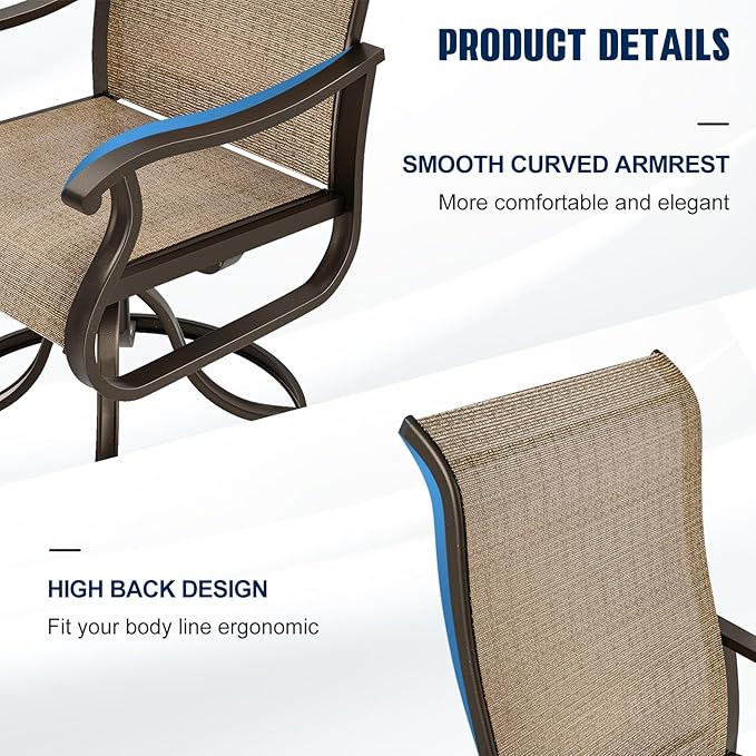 UDPATIO Patio Swivel Dining Chairs Set of 6, Outdoor Swivel Chairs High Back with All Weather Textilene Metal Rocking Frame for Lawn Garden Backyard, Brown