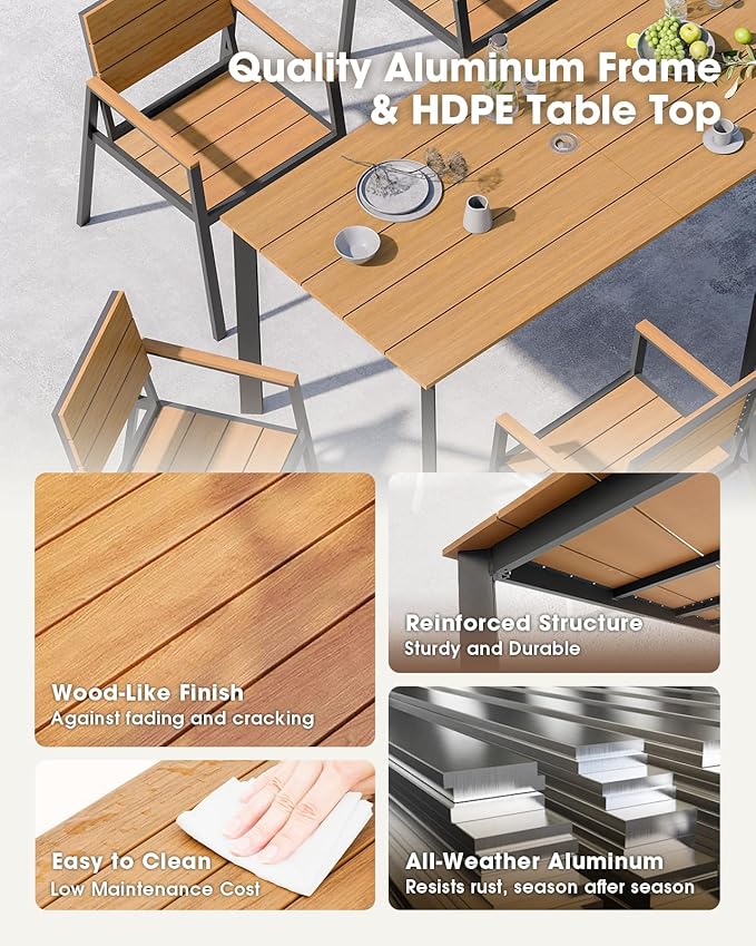 Patio Outdoor Dining Set for 6, Aluminum 7 Piece HDPE Outdoor Table and Chairs Set with Umbrella Hole, Modren Rectangular Patio Furniture Set with All-weather Table and 6 Chairs (Gray & Teak)