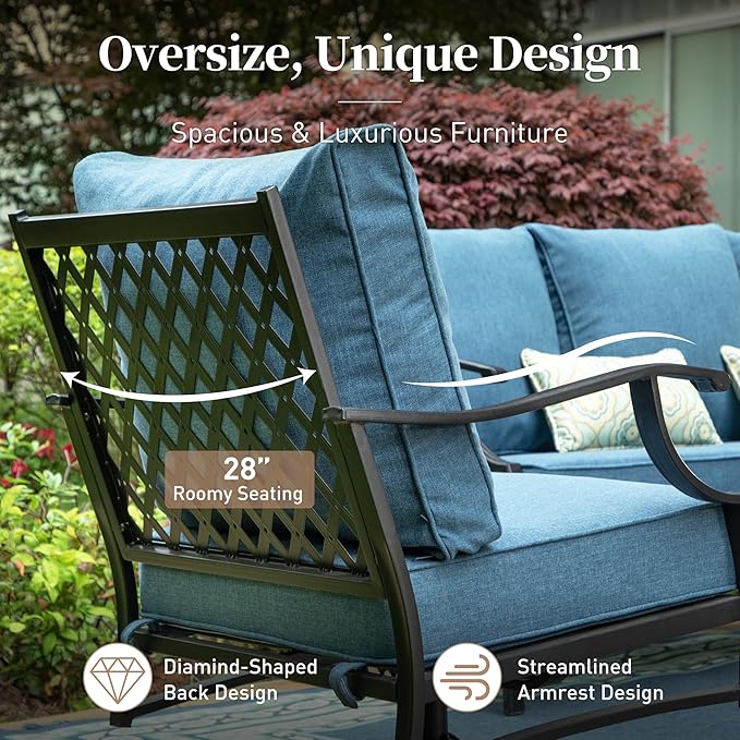 7 Piece Metal Outdoor Patio Furniture Set, Patio Conversation Sets 1 3-seater Sofa, 2 Fixed Chairs, 2 Swivel Chairs, 2 Ottomans with 5.75" Thick Cushion, Black Backyard Furniture, Navy