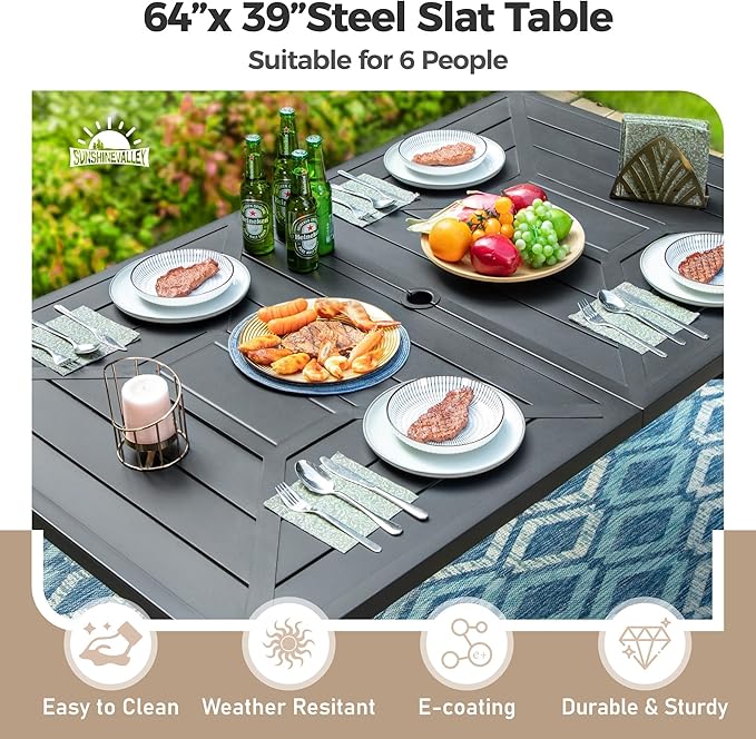 Patio Dining Set for 6, 64" Rectangular Metal Dining Table with Umbrella Hole and 6 Chairs, Outdoor Table and Chairs Set for Lawn Garden Backyard and Deck, Brown