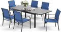 7 PCS Patio Dining Set for 6, Rectangular Extendable Dining Table with 6 Metal Chairs, Outdoor Table and Chairs Set for Lawn Garden Backyard and Deck, Blue
