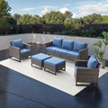 Rilyson Wicker Outdoor Patio Furniture Set - 5 Piece Patio Conversation Set with 2 Wicker Armrest Chairs,2 Rattan Ottoman and 1 Couch for Outside Porch Deck Backyard Garden(Brown/Blue)