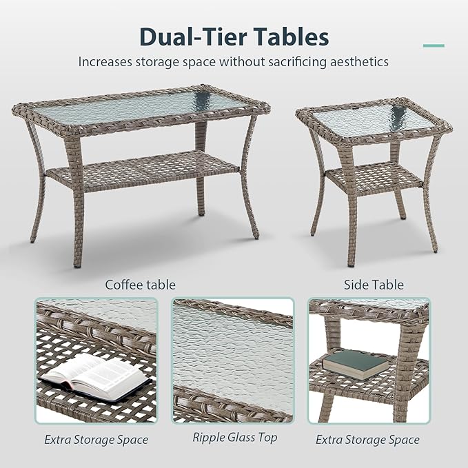 5 Piece Patio Furniture Set - Wicker Patio Conversation Set with Swivel Glider, Glider Loveseat, Tempered Glass Side Table and Coffee Table for Deck Backyard - Grey Wicker Red Cushion