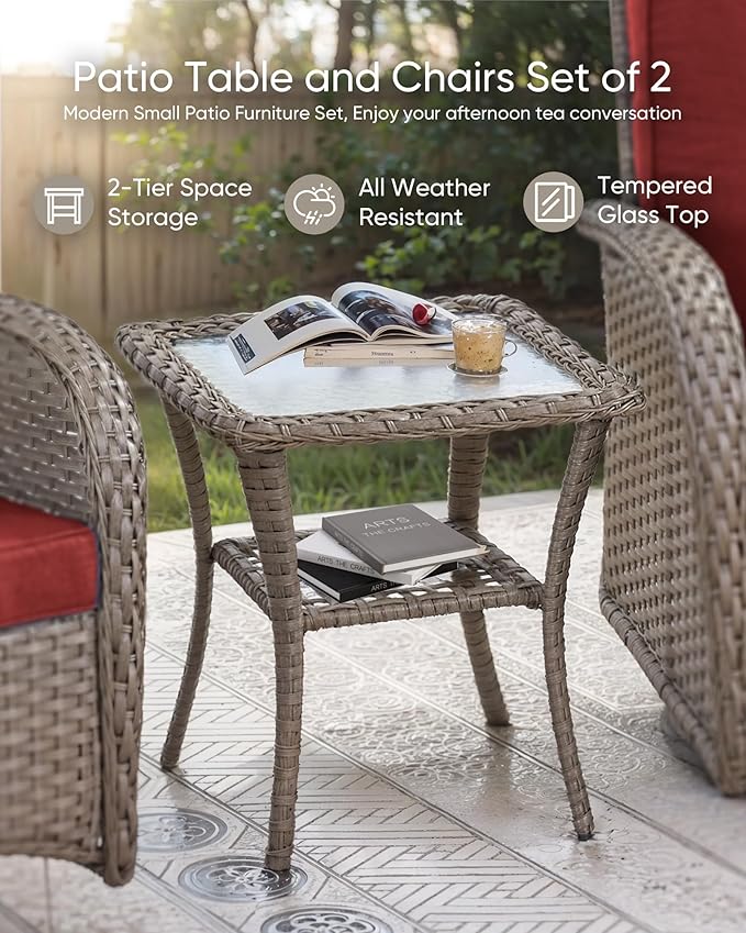 HUMMUH Outdoor Bistro Set-High Back Outdoor Rocking Chair with Side Table Patio Table and Chairs Set for Deck Lawn Porch Balcony Poolside-Grey/Red