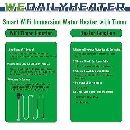 1500W Immersion Water Heater for Hot Tub & Swimming Pool – Portable Fully Submersible Electric Heater with Auto Shut Off & WiFi Timer for Bathtub, Inflatable Pool and Above Ground Pool