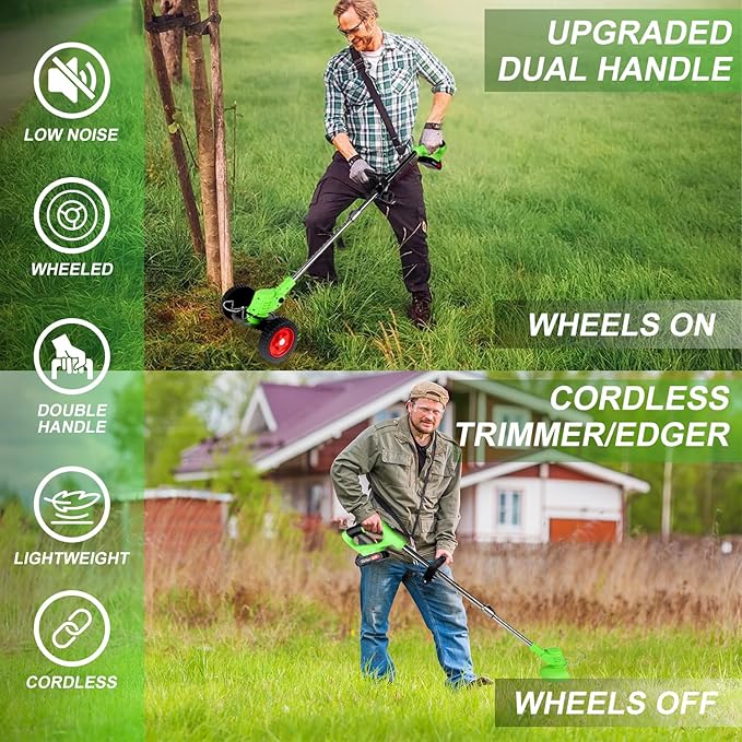 Electric Weed Wacker Cordless Eater 2 Battery, Foldable and Lightweight Grass Trimmer/Brush Cutter,5 Types Blade&Wheels 21V 4.0Ah Battery (2 Pieces) Powered for Garden and Yard (Non-Foldable)